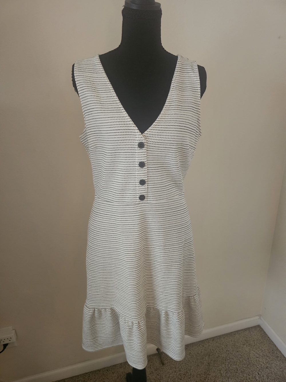 LOFT Cream and Black Striped V-Neck Button Front Dress